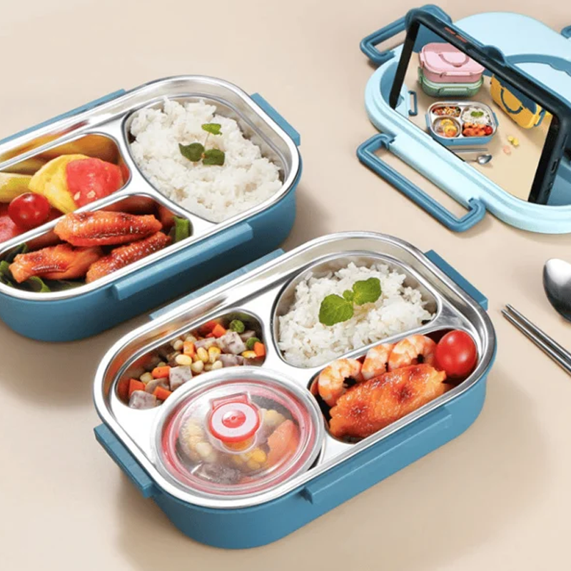 Frendorf | Thermo-Lunchbox aus Edelstahl – innen aus Edelstahl – 3 oder 4 Fächer mit Suppenschüssel – Wanduhr