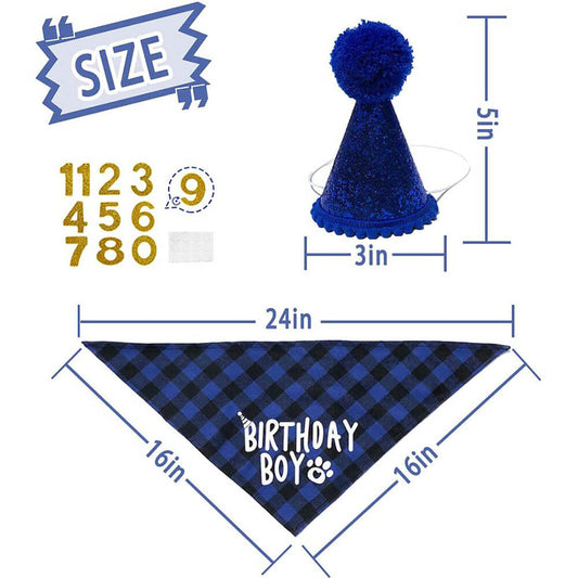 Hund Geburtstag Junge & Mädchen Partysatz - Blaue Karierte Bandana und Hut mit Zahlenstickern