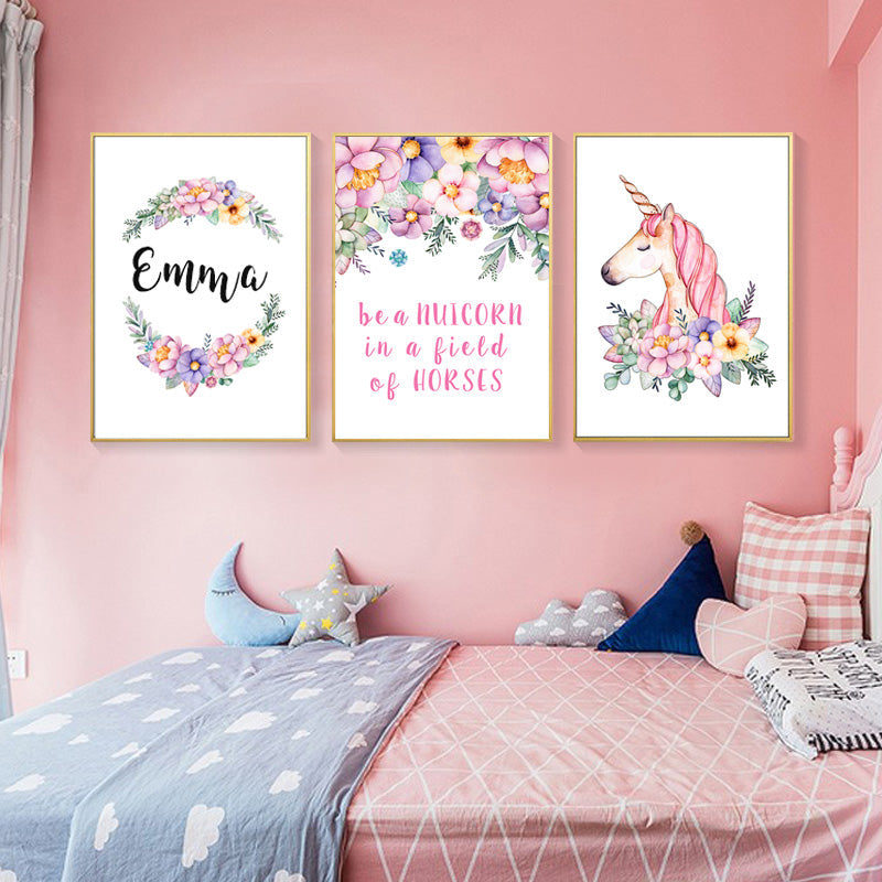 Modern Pink Cartoon Kinderzimmer Dekor Anpassbarer Name - Leinwand Wandkunst Malerei