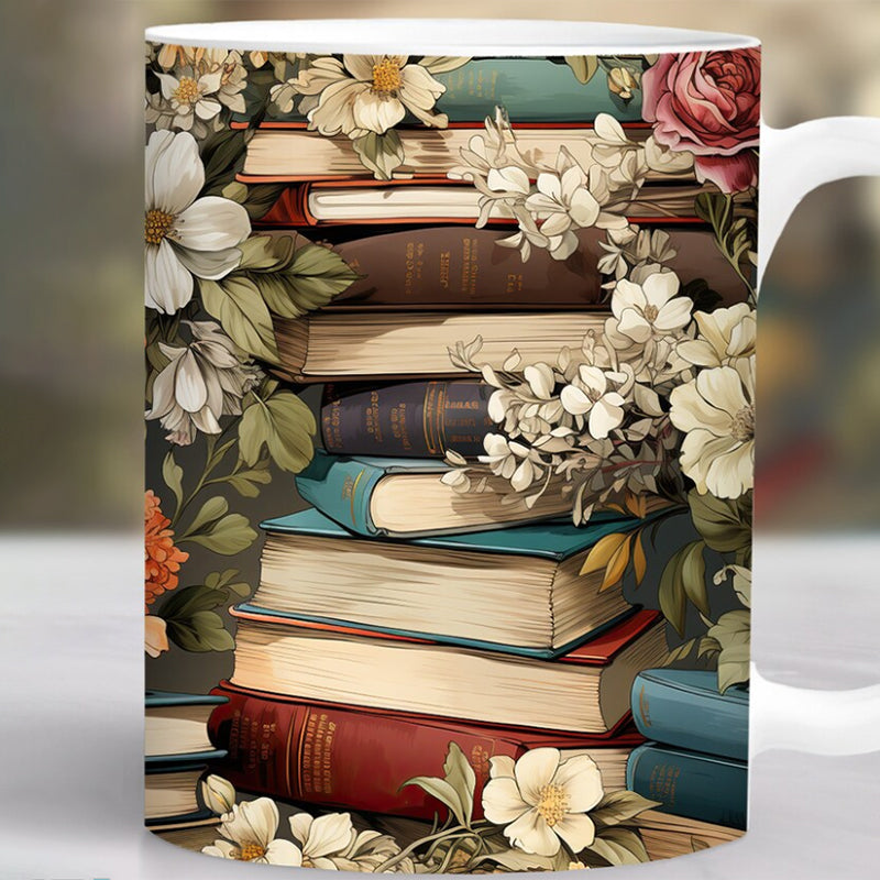 Frendorf | 3D Künstlerisch Schöne Florale Bücher Kaffeetasse - Geschenk für Bücherliebhaber