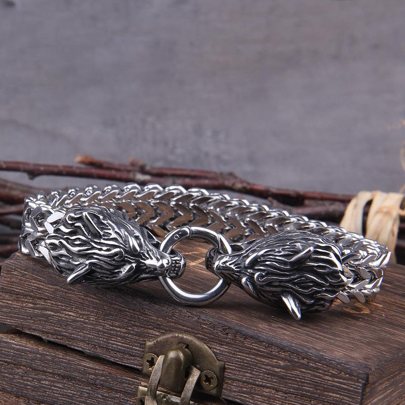 Frendorf | Viking Edelstahl Doppelwolfkopf Fenrir Armband