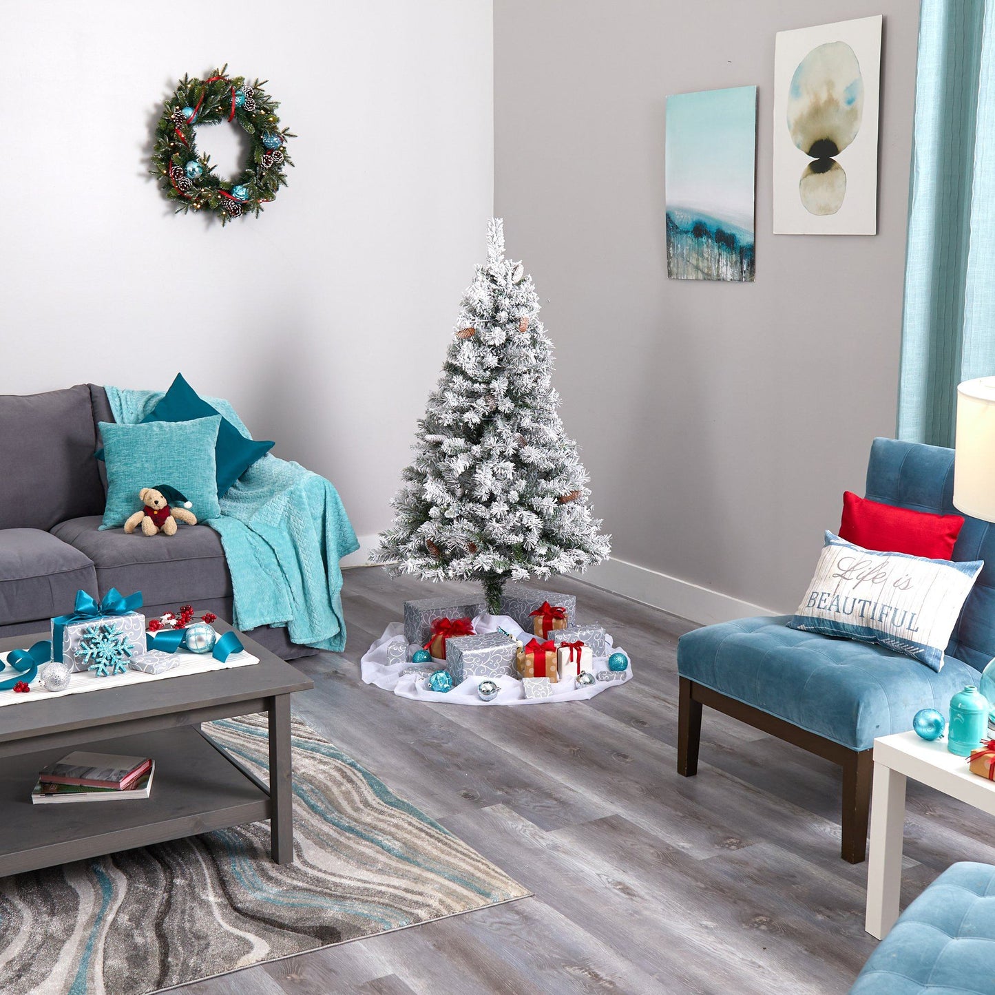 5' Flocked White River Mountain Pine Künstlicher Weihnachtsbaum mit Tannenzapfen und 150 klaren LED-Lichtern