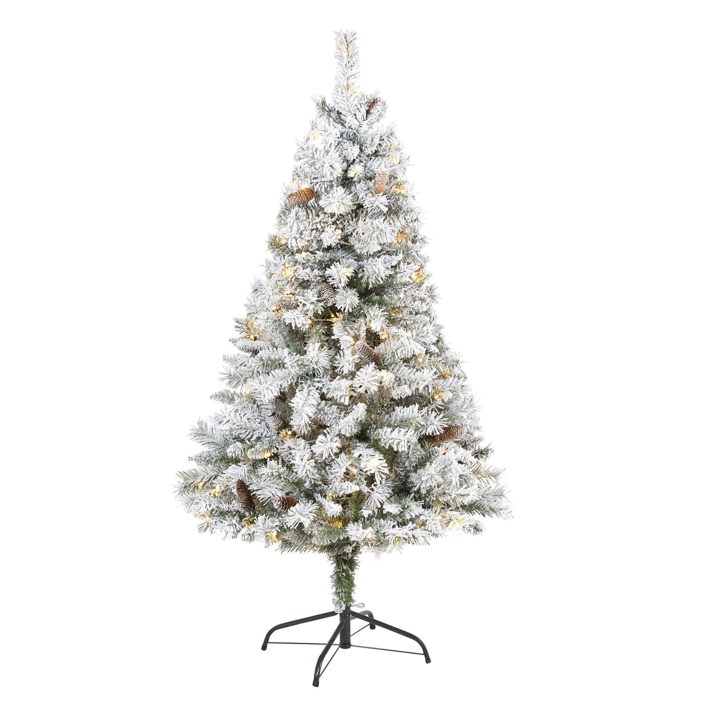 5' Flocked White River Mountain Pine Künstlicher Weihnachtsbaum mit Tannenzapfen und 150 klaren LED-Lichtern