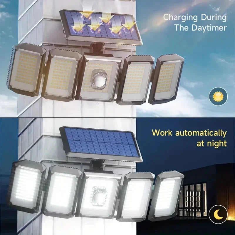 Frendorf | 5 Köpfe Solar 300 LED Licht Außenbewegungssensor Wasserdicht Weitwinkelbeleuchtung Wandlampe