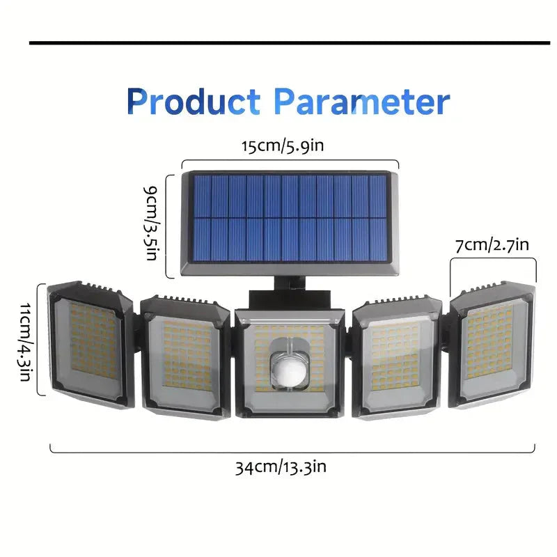 Frendorf | 5 Köpfe Solar 300 LED Licht Außenbewegungssensor Wasserdicht Weitwinkelbeleuchtung Wandlampe