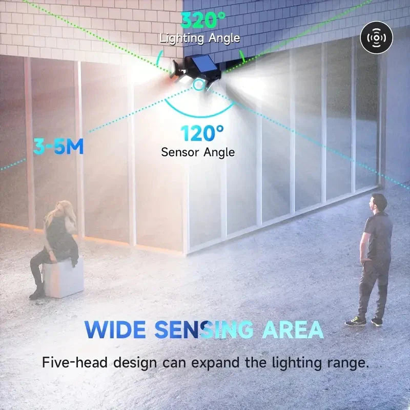 Frendorf | 5 Köpfe Solar 300 LED Licht Außenbewegungssensor Wasserdicht Weitwinkelbeleuchtung Wandlampe