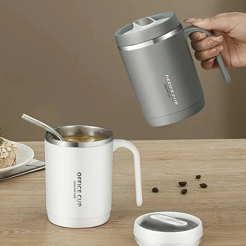 Frendorf | 500ml Wasserbecher mit Deckel Dichtungs-Silikonring Doppelwandig Auslaufsicher Trinkwasser Griff Edelstahl Kaffeebecher Isolierter Becher