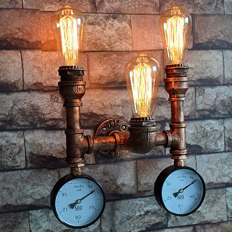 Frendorf | 3 Lampen Wandlicht Einbau Vintage Wasserrohr Metall Wandlampe in Kupfer mit 2-Gauge Dekor