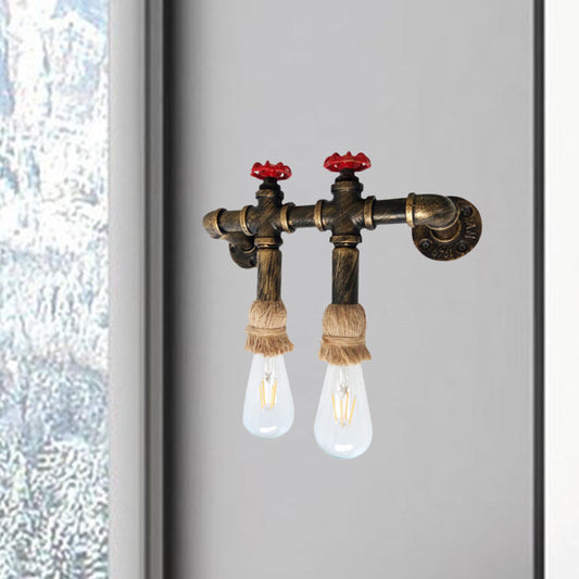 Frendorf | Antiek Messing 2-Kops Wandlamp Industriële Metalen Waterpijp en Klep Muurbeugel Lamp met Touwen Top