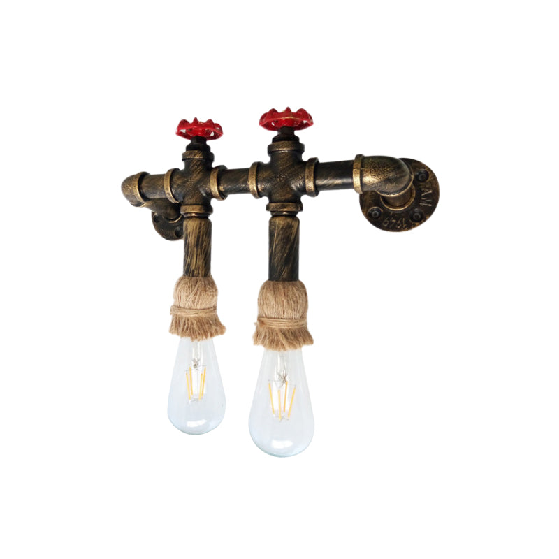 Frendorf | Antiek Messing 2-Kops Wandlamp Industriële Metalen Waterpijp en Klep Muurbeugel Lamp met Touwen Top