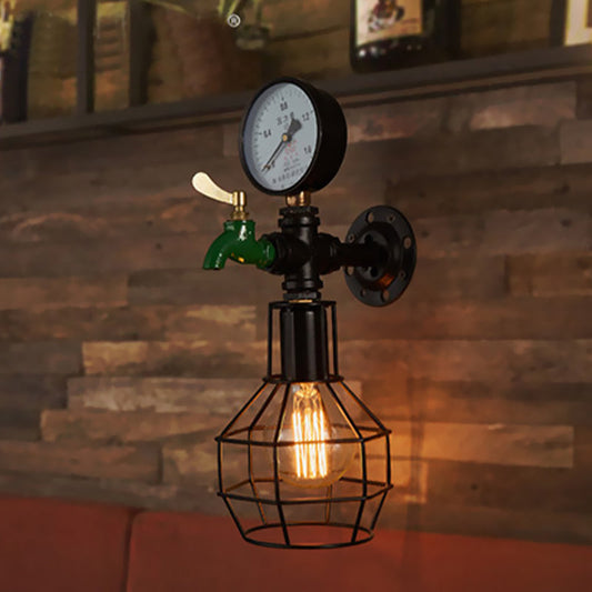Frendorf | Vintage Draadkooi Wandlamp 1 Gloeilamp Metaal Wandgemonteerde Lamparmatuur in Zwart met Waterkraan en Meter Deco