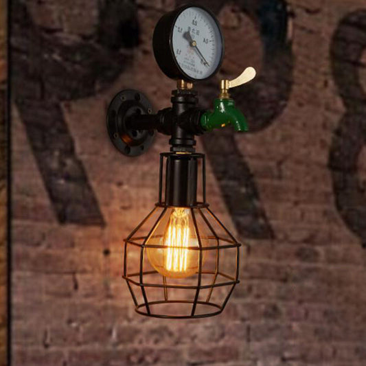 Frendorf | Vintage Draadkooi Wandlamp 1 Gloeilamp Metaal Wandgemonteerde Lamparmatuur in Zwart met Waterkraan en Meter Deco