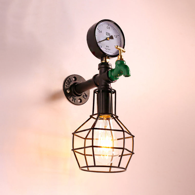 Frendorf | Vintage Draadkooi Wandlamp 1 Gloeilamp Metaal Wandgemonteerde Lamparmatuur in Zwart met Waterkraan en Meter Deco