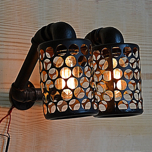 Frendorf | 2 Lichter Zylinder Wandleuchte Bauernhaus Schwarze Oberfläche Metall Wandmontage Rohrlampe mit Durchbruchdesign