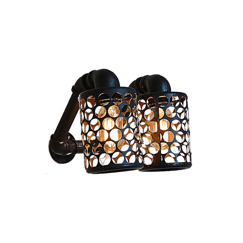 Frendorf | 2 Lichter Zylinder Wandleuchte Bauernhaus Schwarze Oberfläche Metall Wandmontage Rohrlampe mit Durchbruchdesign