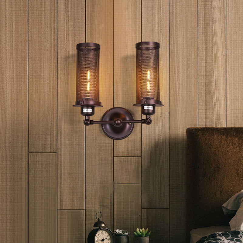 Frendorf | Schwarze Zylinder Wandbeleuchtung Industriedesign Metall 2-Licht Schlafzimmer Wandleuchte mit Käfig und runder Rückplatte