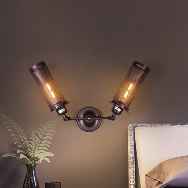 Frendorf | Schwarze Zylinder Wandbeleuchtung Industriedesign Metall 2-Licht Schlafzimmer Wandleuchte mit Käfig und runder Rückplatte
