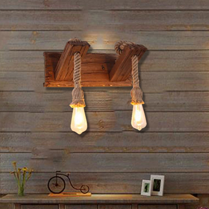 Frendorf | Hout Exposed Bulb Wandverlichting Industriële Stijl Touw 1/2 Licht Slaapkamer Wandlamp