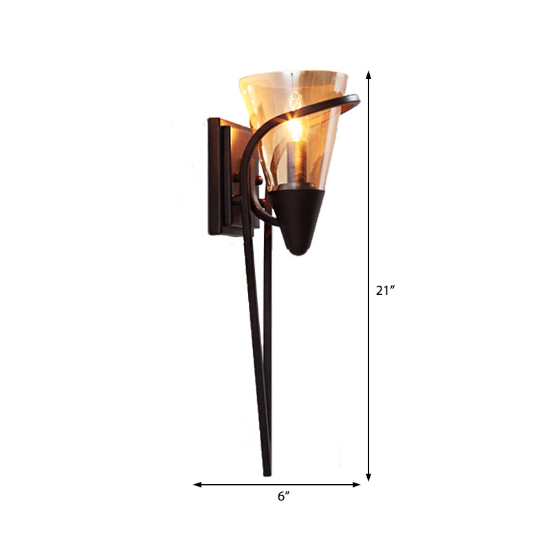 Frendorf | Vintage Conical Wandleuchte 1 Glühbirne Amberglas Wandmontiert Licht in Schwarz mit Rechteckiger Rückplatte