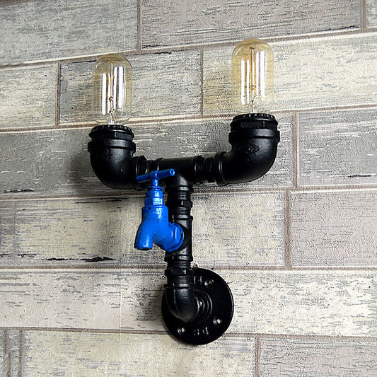 Frendorf | Piping Iron Wandmontage Licht Industrieel 2 Lichten Gang Sconces Lamp Apparaat in Zwart met Waterkraan Deco