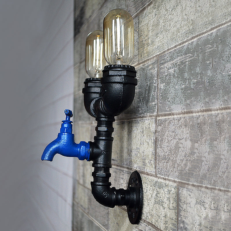 Frendorf | Piping Iron Wandmontage Licht Industrieel 2 Lichten Gang Sconces Lamp Apparaat in Zwart met Waterkraan Deco