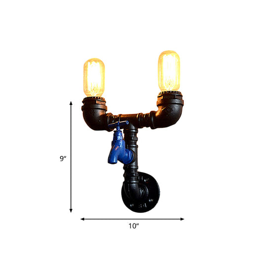Frendorf | Piping Iron Wandmontage Licht Industrieel 2 Lichten Gang Sconces Lamp Apparaat in Zwart met Waterkraan Deco
