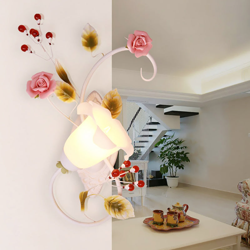 Frendorf | Land gebogen arm wandlamp 1 bulb metaal rozen wandverlichting in wit voor woonkamer, links/rechts