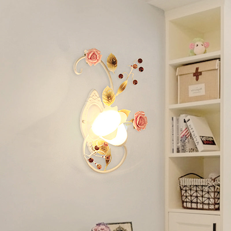 Frendorf | Land gebogen arm wandlamp 1 bulb metaal rozen wandverlichting in wit voor woonkamer, links/rechts