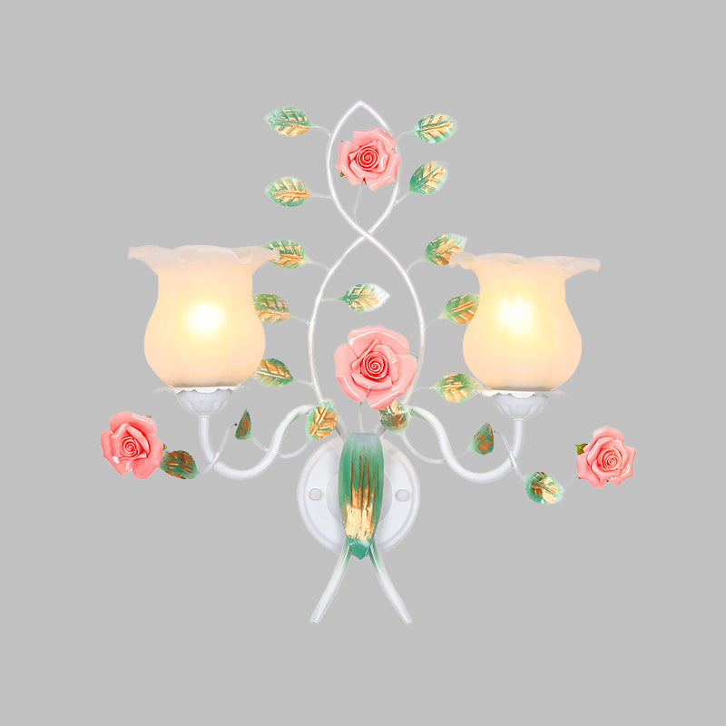 Frendorf | 1/2 Glühbirnen Metall Wandleuchte Pastoral Weiße Blume Wohnzimmer Wandmontierte Beleuchtung