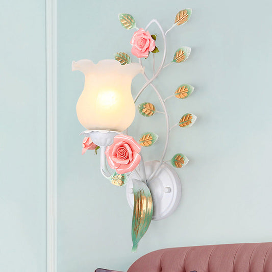 Frendorf | 1/2 Glühbirnen Metall Wandleuchte Pastoral Weiße Blume Wohnzimmer Wandmontierte Beleuchtung