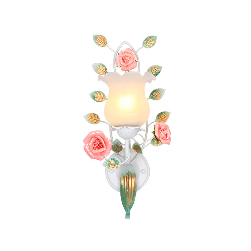 Frendorf | 1/2 Glühbirnen Metall Wandleuchte Pastoral Weiße Blume Wohnzimmer Wandmontierte Beleuchtung