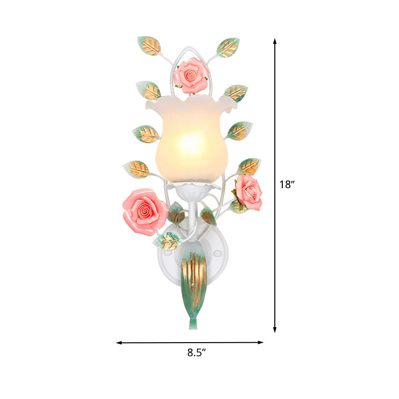 Frendorf | 1/2 Glühbirnen Metall Wandleuchte Pastoral Weiße Blume Wohnzimmer Wandmontierte Beleuchtung