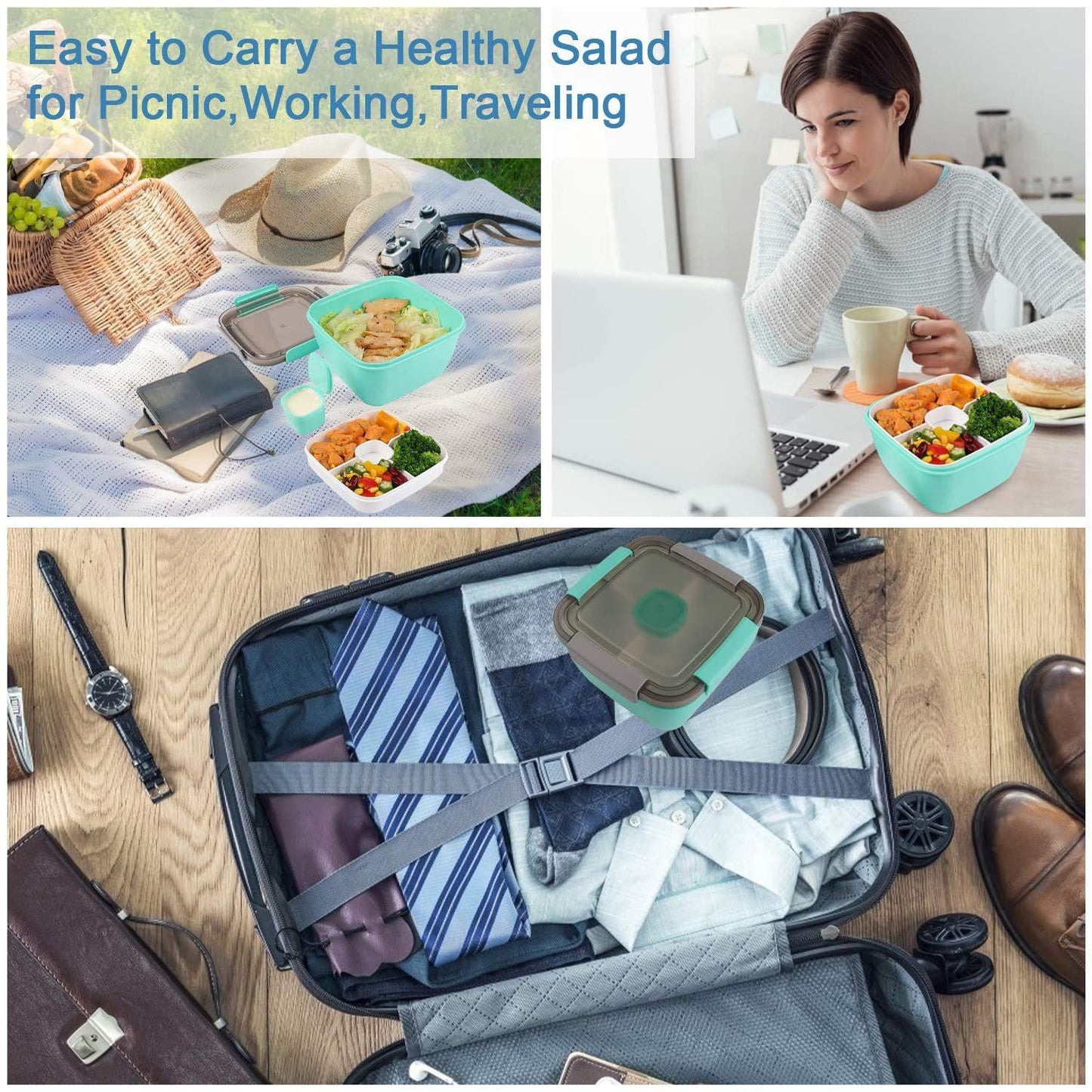 Frendorf | 51oz Salatschüssel mit abnehmbarem 3-Fächer Bento-Style Tablett