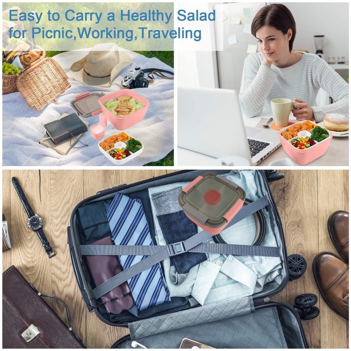 Frendorf | 51oz Salatschüssel mit abnehmbarem 3-Fächer Bento-Style Tablett