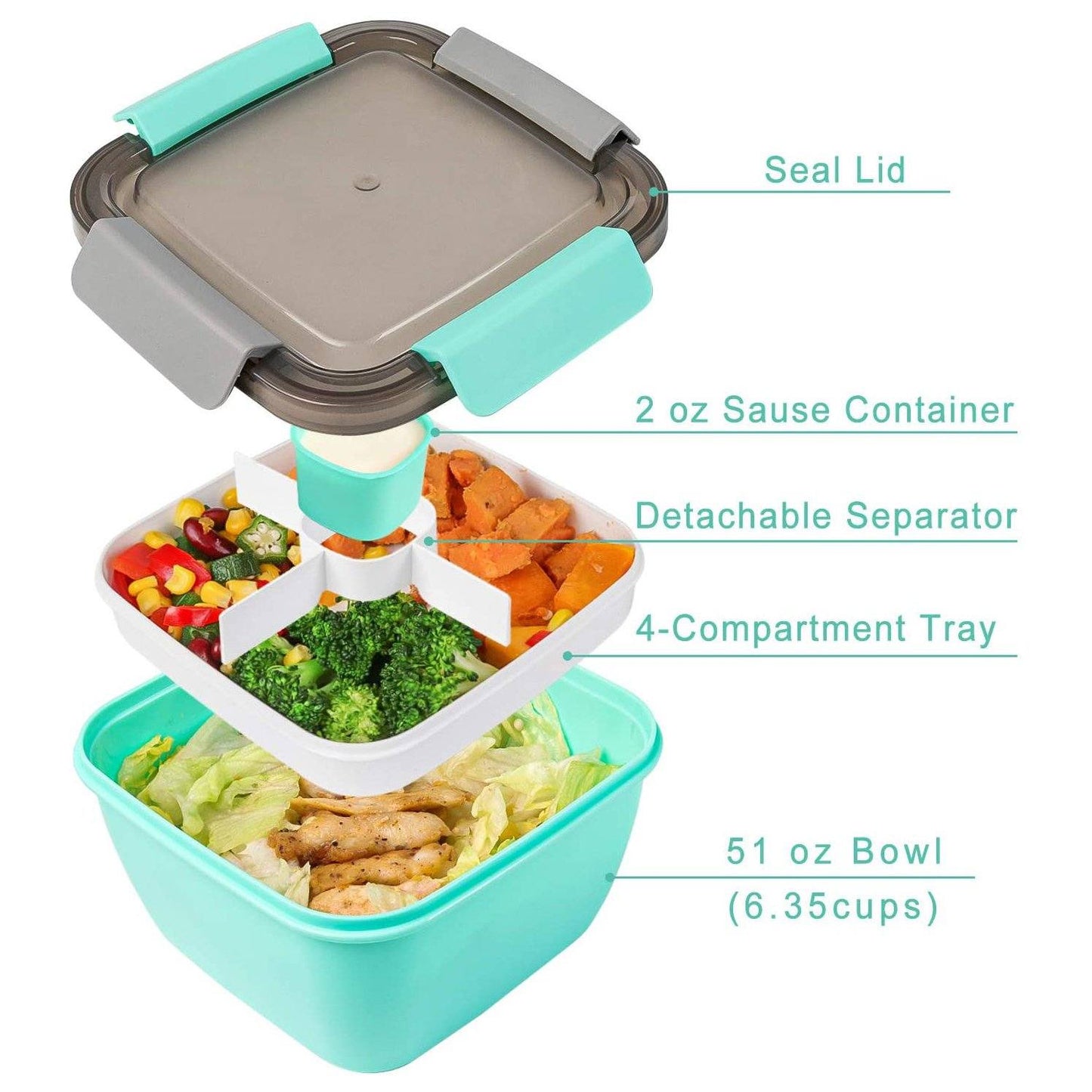 Frendorf | 51oz Salatschüssel mit abnehmbarem 3-Fächer Bento-Style Tablett