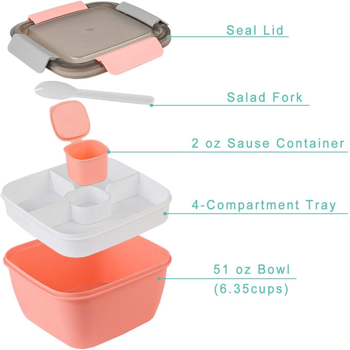 Frendorf | 51oz Salatschüssel mit abnehmbarem 3-Fächer Bento-Style Tablett