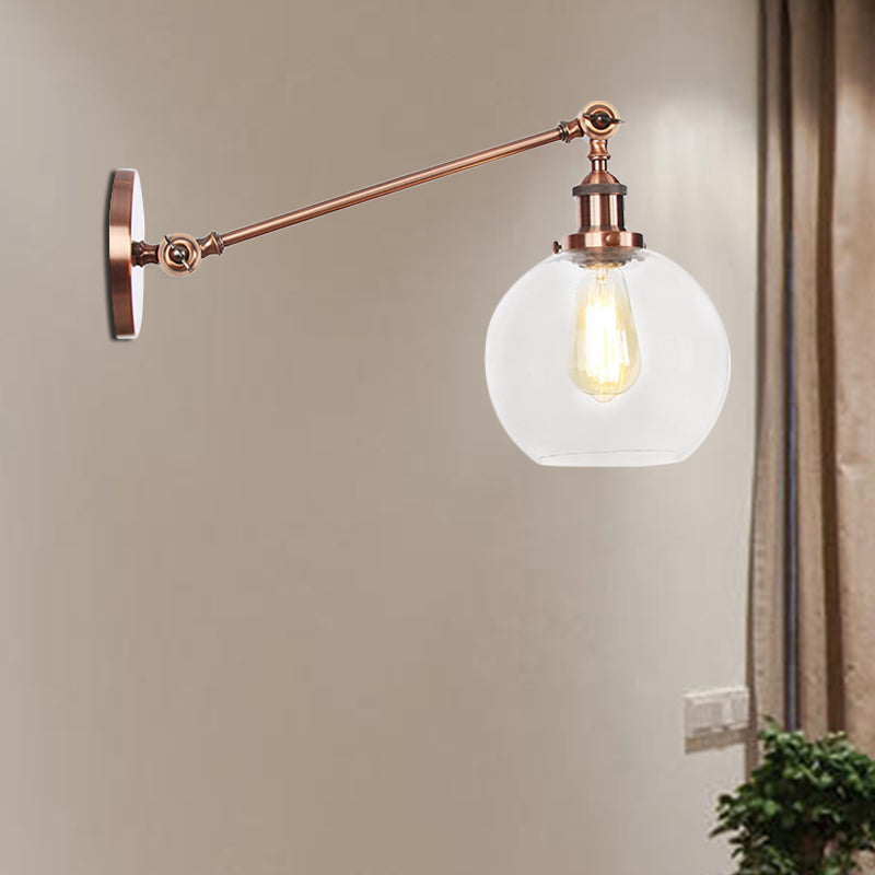 Frendorf | Klar Glas Globe Wandbeleuchtung Landhuis 1 Licht Woonkamer Lichtarmatuur in Zwart/ Messing/ Brons met Arm, 8"/12" L
