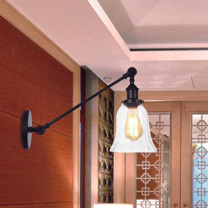 Frendorf | Schwarz/Bronze/Messing 1 Licht Wandbeleuchtungseinheit Vintage Klarglas Glocken Wandlampe mit Arm, 8"/12" Lang