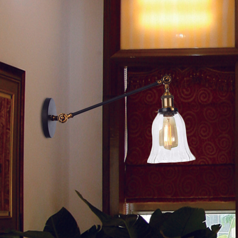 Frendorf | Schwarz/Bronze/Messing 1 Licht Wandbeleuchtungseinheit Vintage Klarglas Glocken Wandlampe mit Arm, 8"/12" Lang