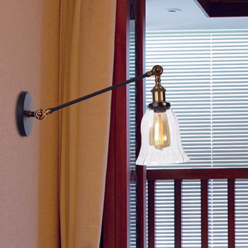 Frendorf | Schwarz/Bronze/Messing 1 Licht Wandbeleuchtungseinheit Vintage Klarglas Glocken Wandlampe mit Arm, 8"/12" Lang