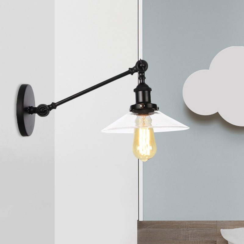 Frendorf | 1 Licht Binnen Wandlamp Vintage Zwart/Brass/Bronze Verlichtingsarmatuur met Kegel Transparante Glazen Shade, 8"/12" L Arm