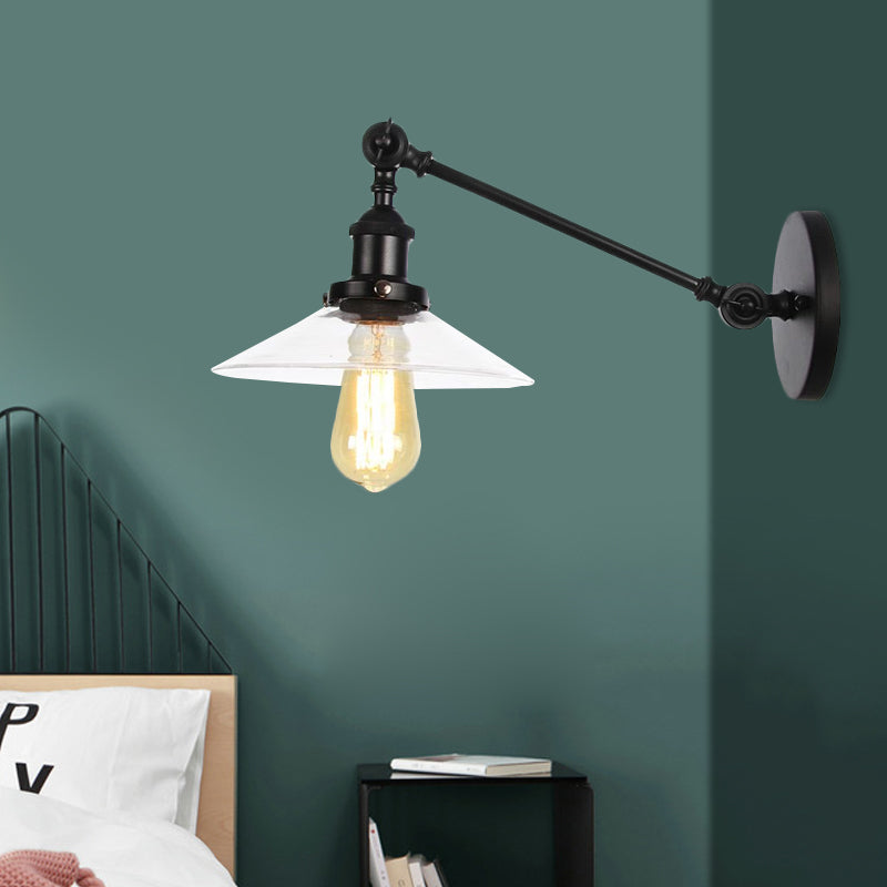 Frendorf | 1 Licht Binnen Wandlamp Vintage Zwart/Brass/Bronze Verlichtingsarmatuur met Kegel Transparante Glazen Shade, 8"/12" L Arm
