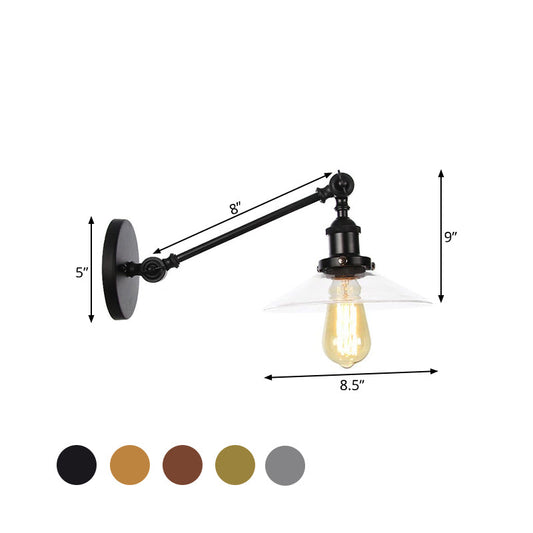 Frendorf | 1 Licht Binnen Wandlamp Vintage Zwart/Brass/Bronze Verlichtingsarmatuur met Kegel Transparante Glazen Shade, 8"/12" L Arm