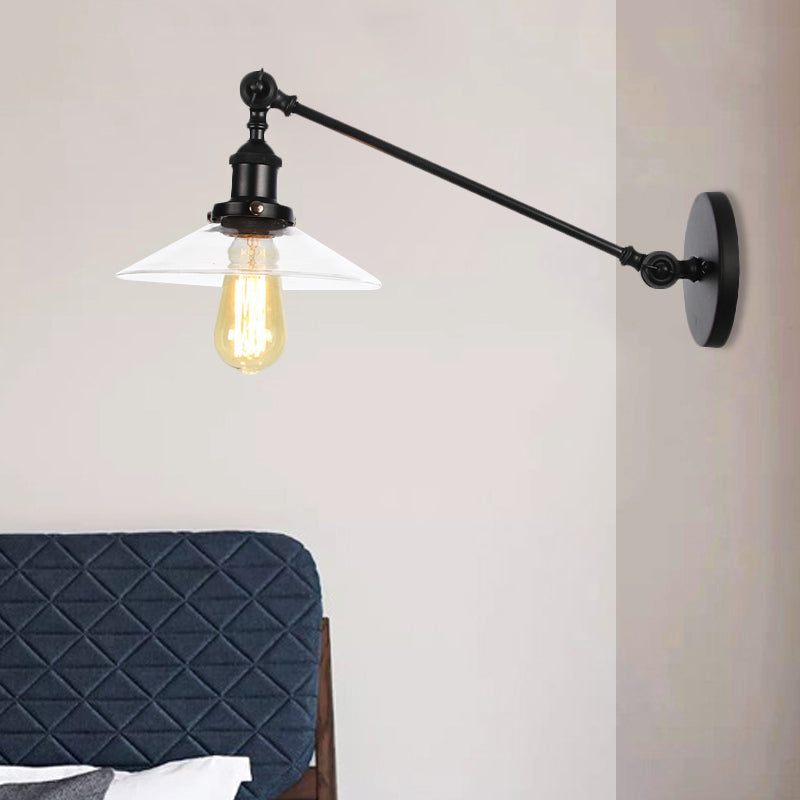 Frendorf | 1 Licht Binnen Wandlamp Vintage Zwart/Brass/Bronze Verlichtingsarmatuur met Kegel Transparante Glazen Shade, 8"/12" L Arm