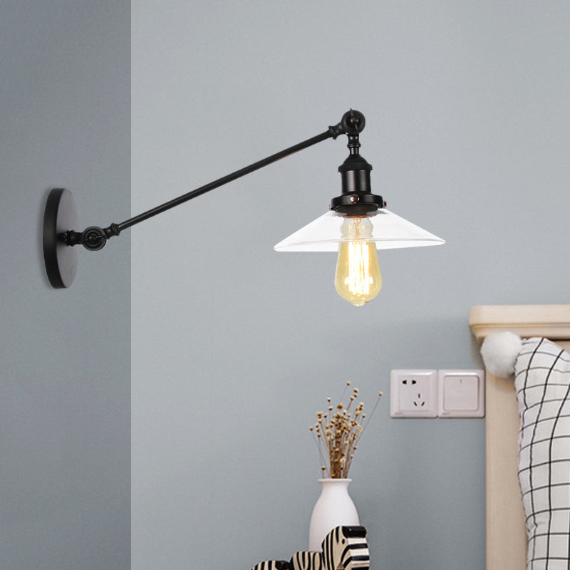 Frendorf | 1 Licht Binnen Wandlamp Vintage Zwart/Brass/Bronze Verlichtingsarmatuur met Kegel Transparante Glazen Shade, 8"/12" L Arm