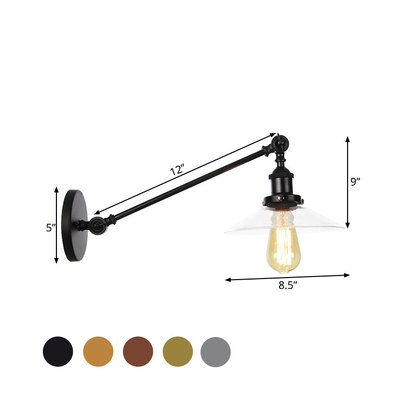 Frendorf | 1 Licht Binnen Wandlamp Vintage Zwart/Brass/Bronze Verlichtingsarmatuur met Kegel Transparante Glazen Shade, 8"/12" L Arm