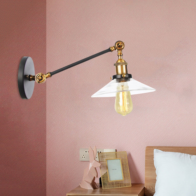 Frendorf | 1 Licht Binnen Wandlamp Vintage Zwart/Brass/Bronze Verlichtingsarmatuur met Kegel Transparante Glazen Shade, 8"/12" L Arm