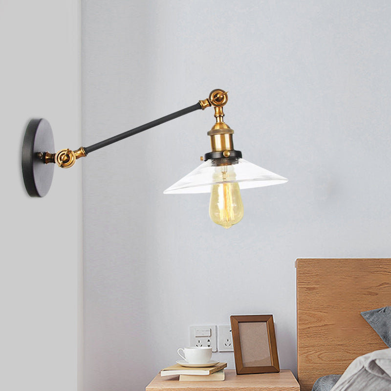 Frendorf | 1 Licht Binnen Wandlamp Vintage Zwart/Brass/Bronze Verlichtingsarmatuur met Kegel Transparante Glazen Shade, 8"/12" L Arm