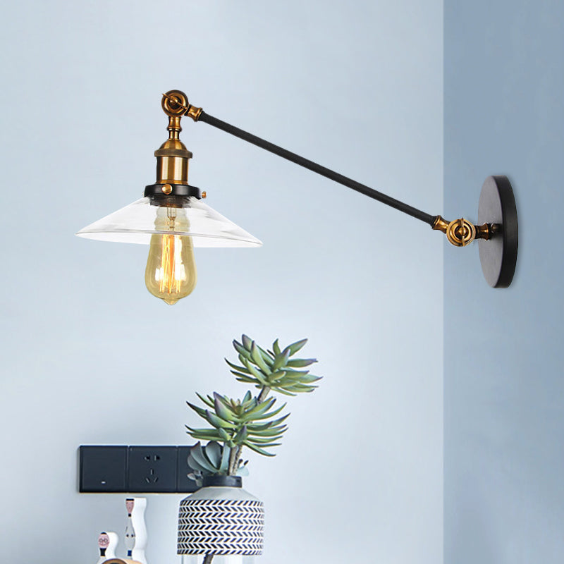 Frendorf | 1 Licht Binnen Wandlamp Vintage Zwart/Brass/Bronze Verlichtingsarmatuur met Kegel Transparante Glazen Shade, 8"/12" L Arm