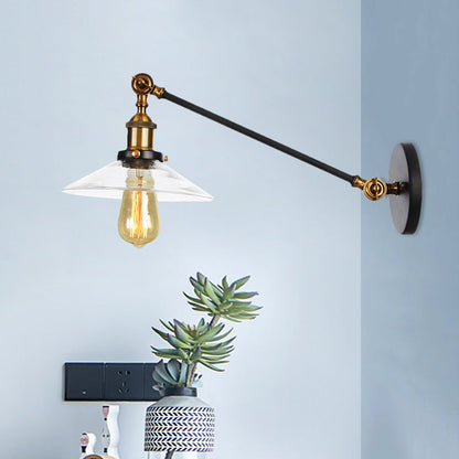 Frendorf | 1 Licht Binnen Wandlamp Vintage Zwart/Brass/Bronze Verlichtingsarmatuur met Kegel Transparante Glazen Shade, 8"/12" L Arm